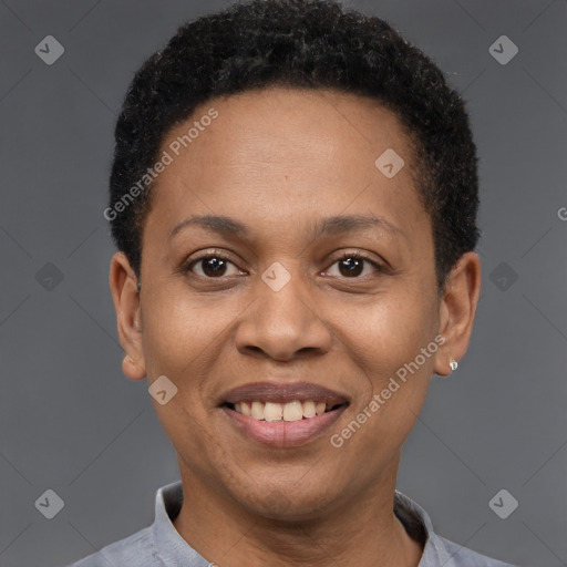 Joyful black adult female with short  brown hair and brown eyes