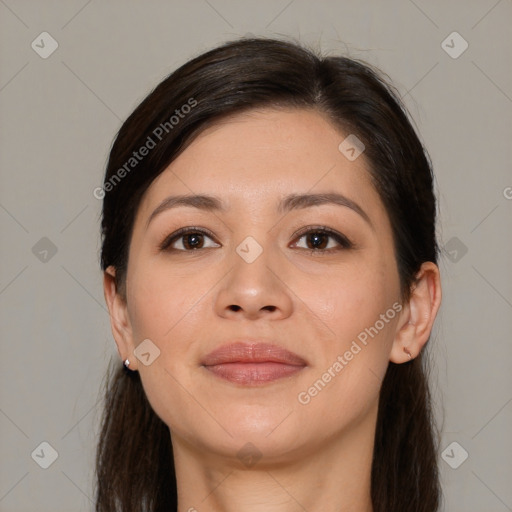 Joyful white young-adult female with long  brown hair and brown eyes