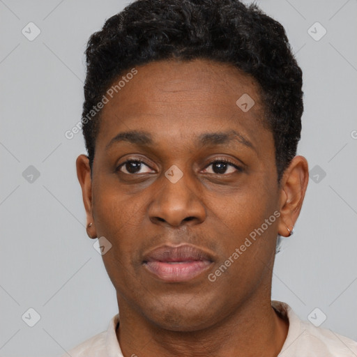 Neutral black young-adult male with short  black hair and brown eyes