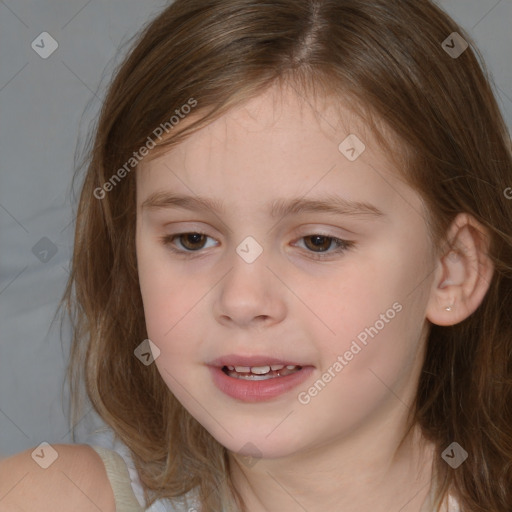 Joyful white child female with medium  brown hair and brown eyes