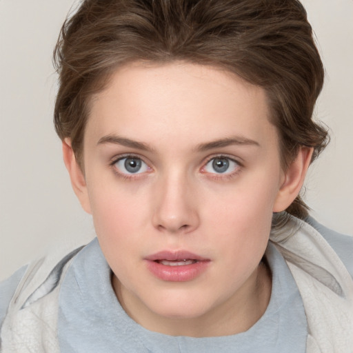 Neutral white young-adult female with medium  brown hair and grey eyes