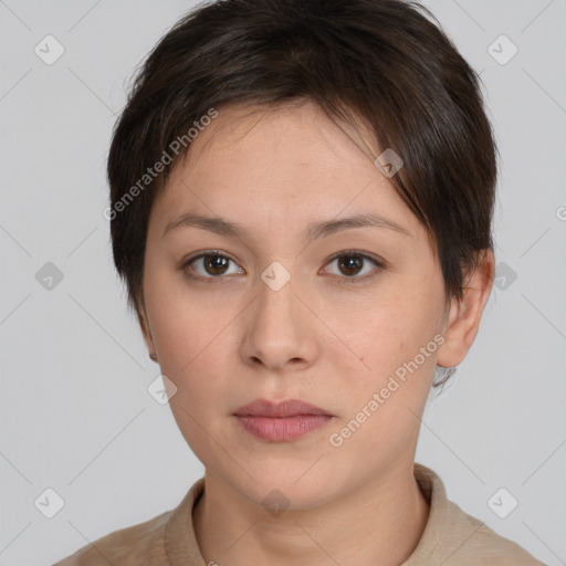 Neutral white young-adult female with short  brown hair and brown eyes