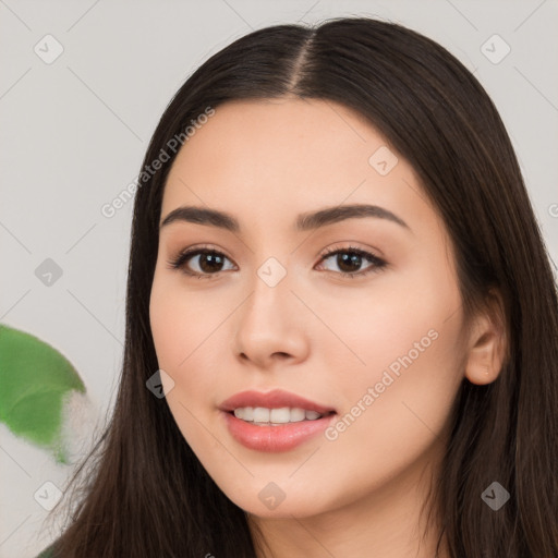 Neutral white young-adult female with long  brown hair and brown eyes