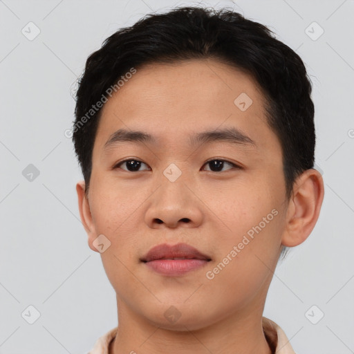 Neutral asian young-adult male with short  brown hair and brown eyes