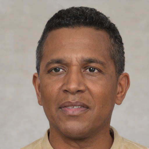 Neutral black adult male with short  black hair and brown eyes
