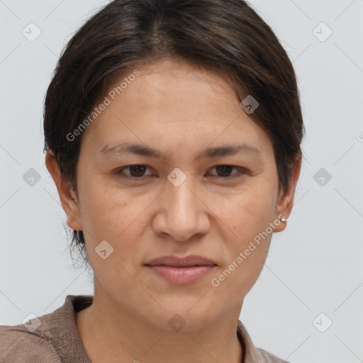 Joyful white adult female with short  brown hair and brown eyes