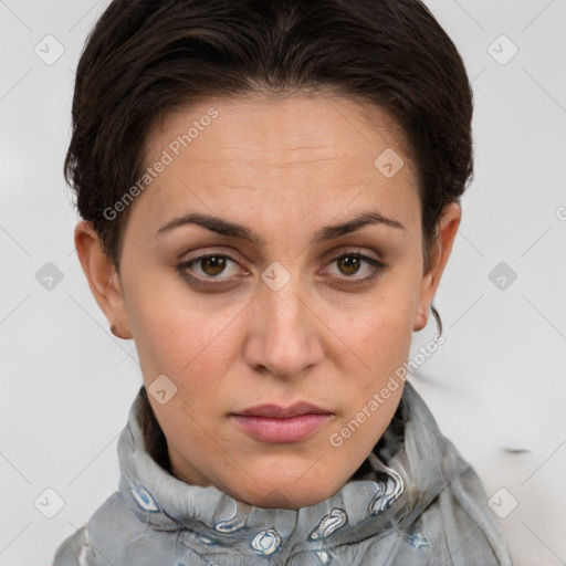 Neutral white young-adult female with medium  brown hair and brown eyes