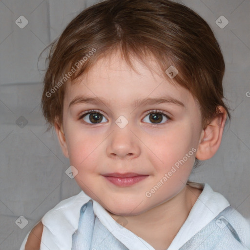 Joyful white child female with medium  brown hair and blue eyes