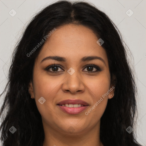 Joyful latino young-adult female with long  brown hair and brown eyes