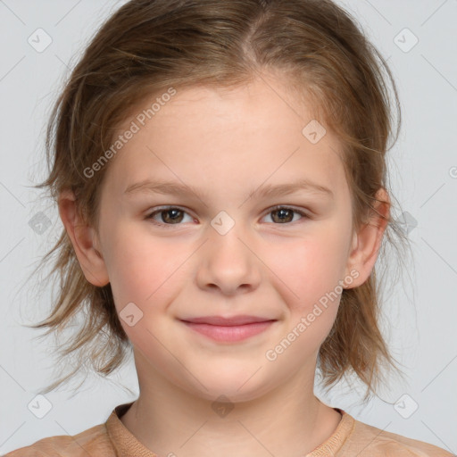 Joyful white child female with medium  brown hair and brown eyes