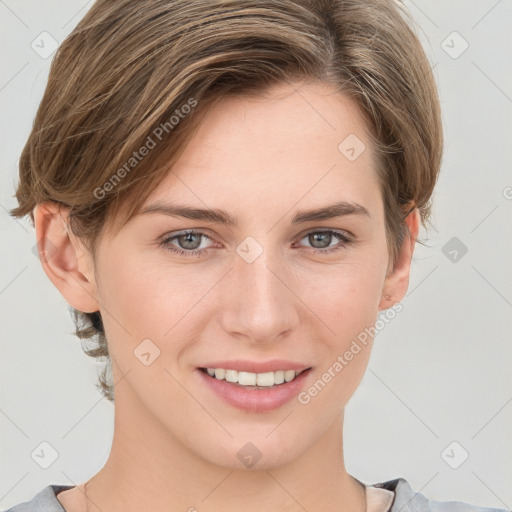 Joyful white young-adult female with medium  brown hair and grey eyes