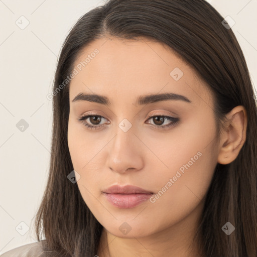 Neutral white young-adult female with long  brown hair and brown eyes