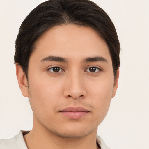 Neutral asian young-adult male with short  brown hair and brown eyes