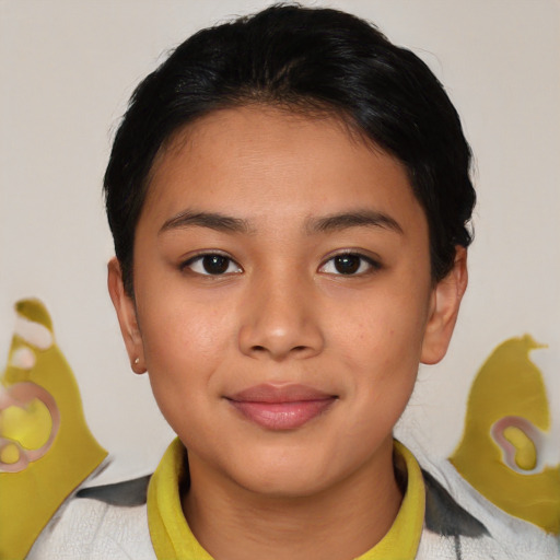 Joyful asian young-adult female with short  black hair and brown eyes