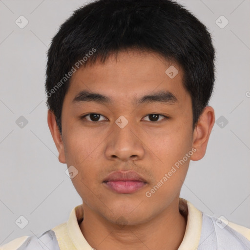 Neutral asian young-adult male with short  black hair and brown eyes