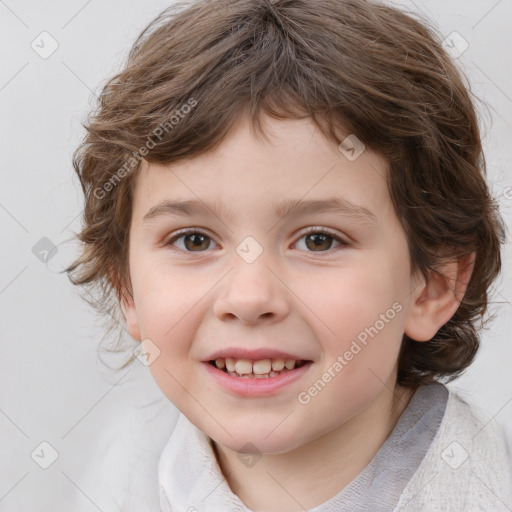 Joyful white child female with medium  brown hair and brown eyes