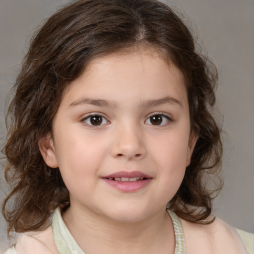 Joyful white child female with medium  brown hair and brown eyes