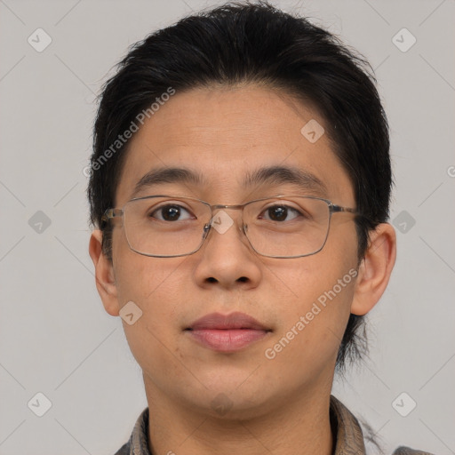 Neutral asian young-adult male with short  brown hair and brown eyes