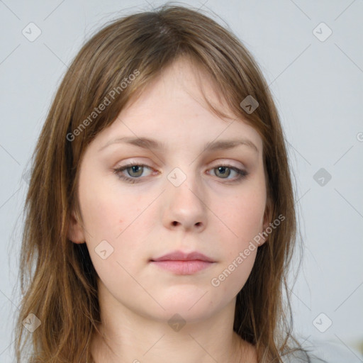 Neutral white young-adult female with long  brown hair and grey eyes