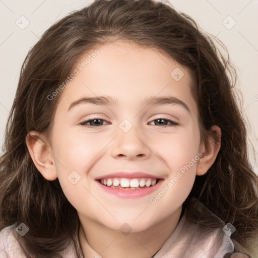 Joyful white child female with medium  brown hair and brown eyes