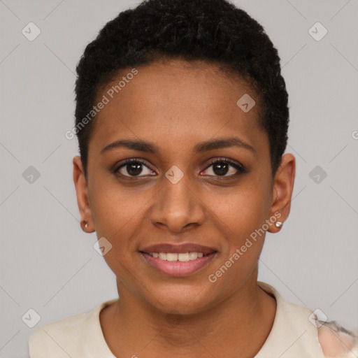 Joyful black young-adult female with short  black hair and brown eyes