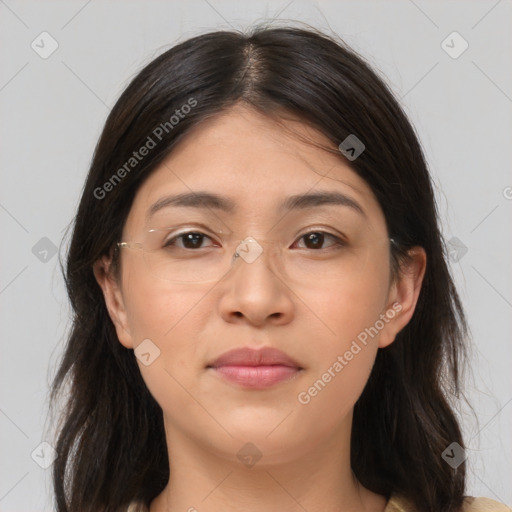 Neutral asian young-adult female with medium  brown hair and brown eyes