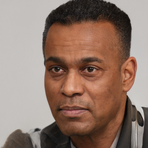 Neutral black adult male with short  black hair and brown eyes