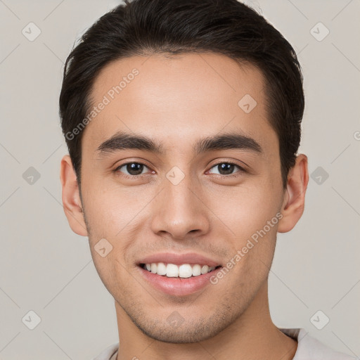 Joyful white young-adult male with short  brown hair and brown eyes