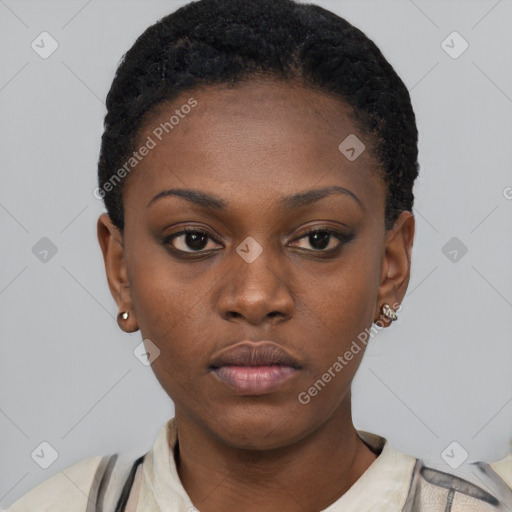 Neutral black young-adult female with short  black hair and brown eyes