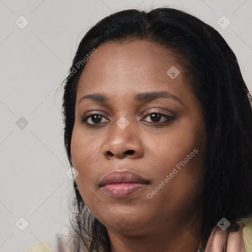 Joyful asian young-adult female with long  black hair and brown eyes