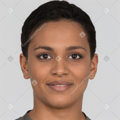 Joyful latino young-adult female with short  brown hair and brown eyes