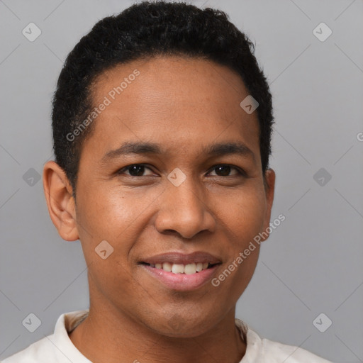 Joyful latino young-adult male with short  brown hair and brown eyes