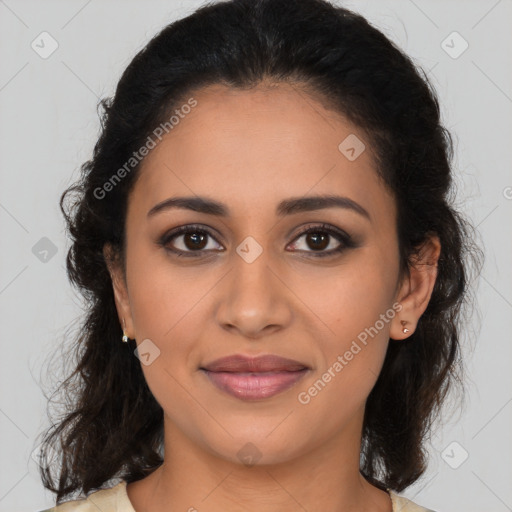 Joyful latino young-adult female with medium  brown hair and brown eyes