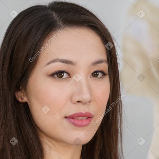 Neutral white young-adult female with long  brown hair and brown eyes