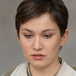 Neutral white young-adult female with short  brown hair and brown eyes