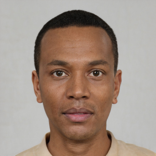 Neutral black young-adult male with short  black hair and brown eyes