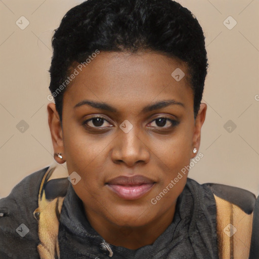 Joyful black young-adult female with short  black hair and brown eyes