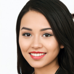 Joyful white young-adult female with long  black hair and brown eyes