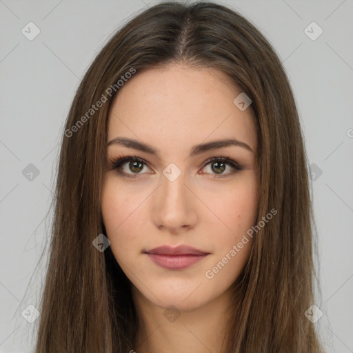 Neutral white young-adult female with long  brown hair and brown eyes