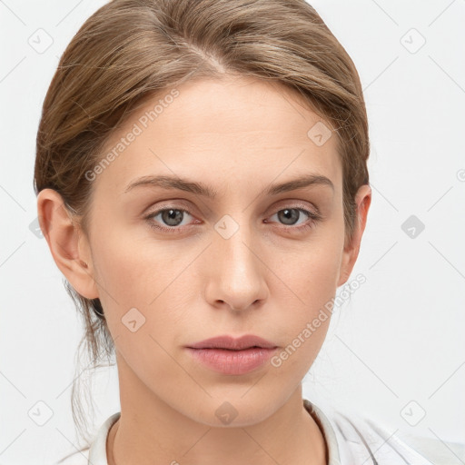 Neutral white young-adult female with medium  brown hair and grey eyes