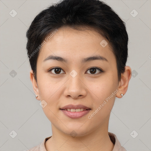 Joyful white young-adult female with short  brown hair and brown eyes