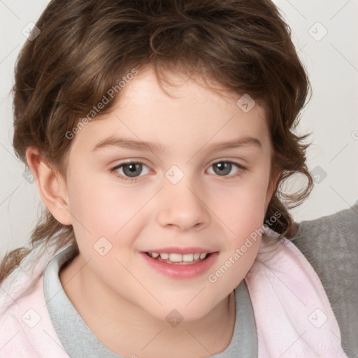 Joyful white child female with medium  brown hair and brown eyes