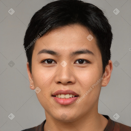 Joyful asian young-adult male with short  black hair and brown eyes