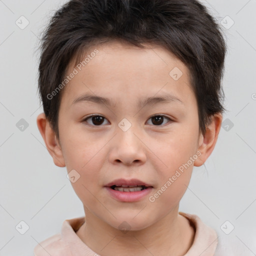 Joyful white child male with short  brown hair and brown eyes