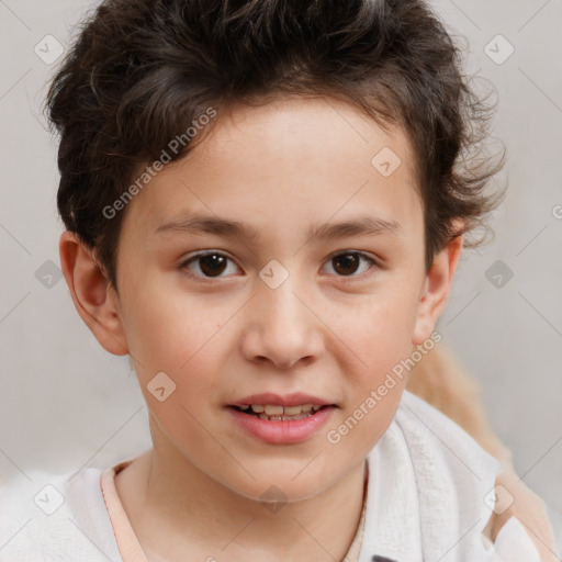 Joyful white child male with short  brown hair and brown eyes