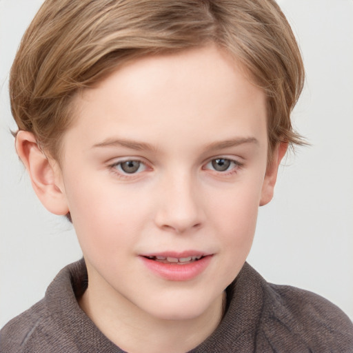 Joyful white child female with short  brown hair and grey eyes