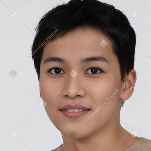 Joyful asian young-adult female with short  black hair and brown eyes