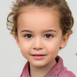 Joyful white child female with medium  brown hair and blue eyes