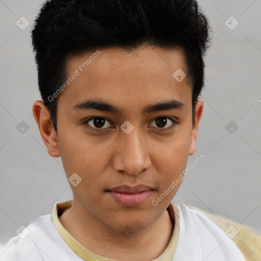 Neutral latino young-adult male with short  brown hair and brown eyes