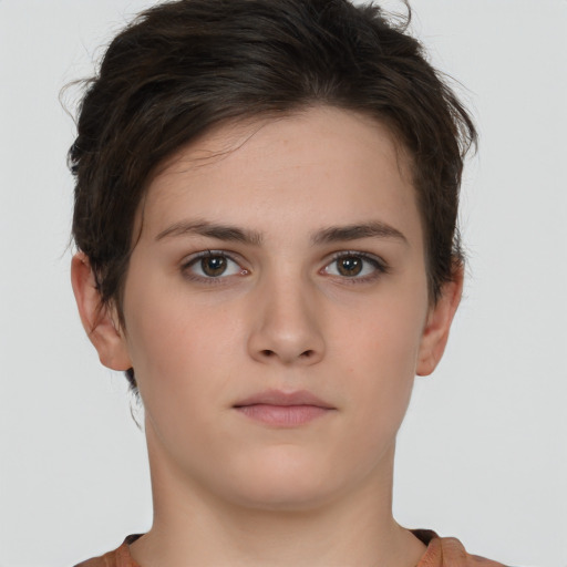 Neutral white young-adult female with short  brown hair and brown eyes